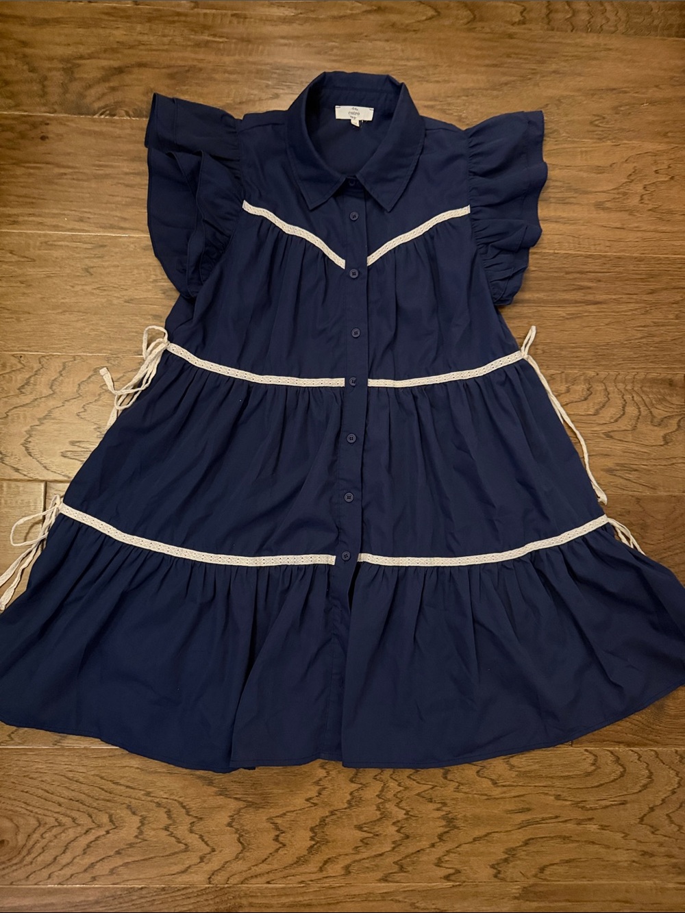 Entro Navy Coastal Preppy Rickrack Trim Tiered Mini Dress Medium